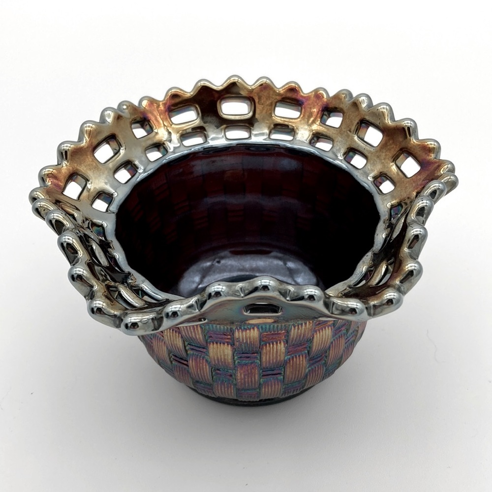 Vintage Fenton Iridescent Basket Weave Bowl